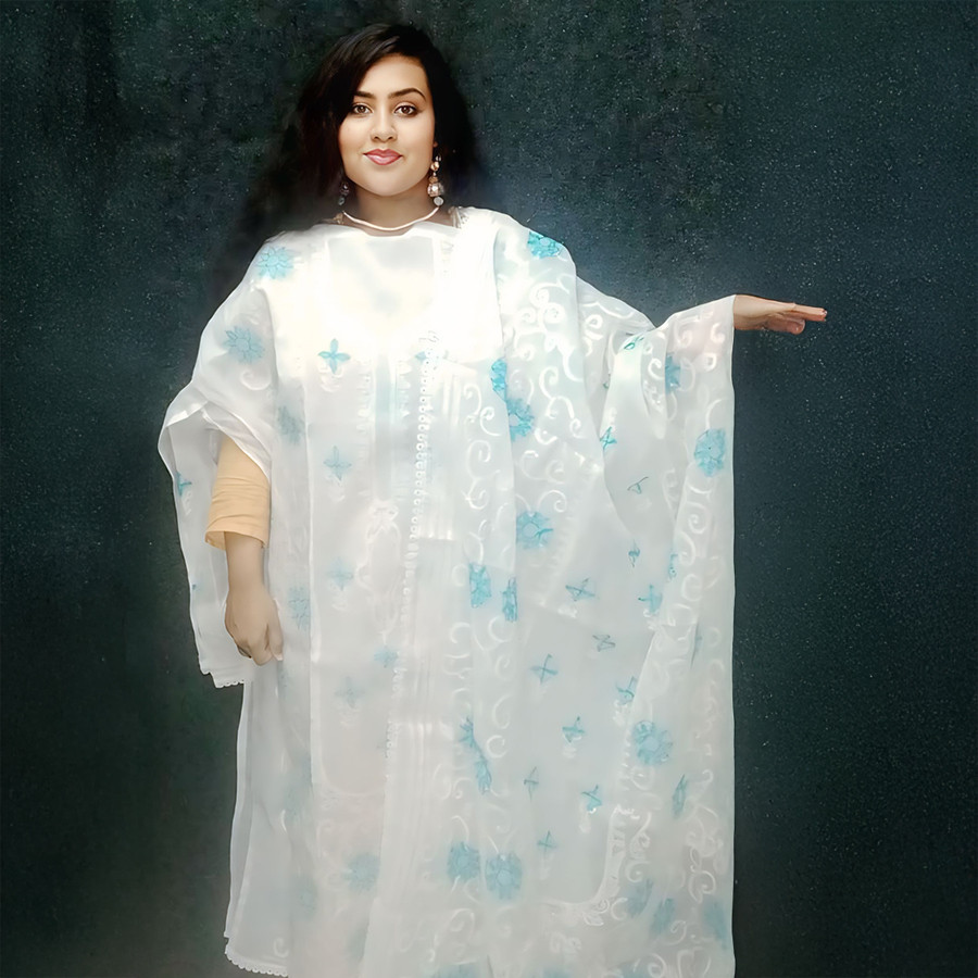 White Semi-Muslin 3-Piece Dress with White & Blue Hand Embroidery