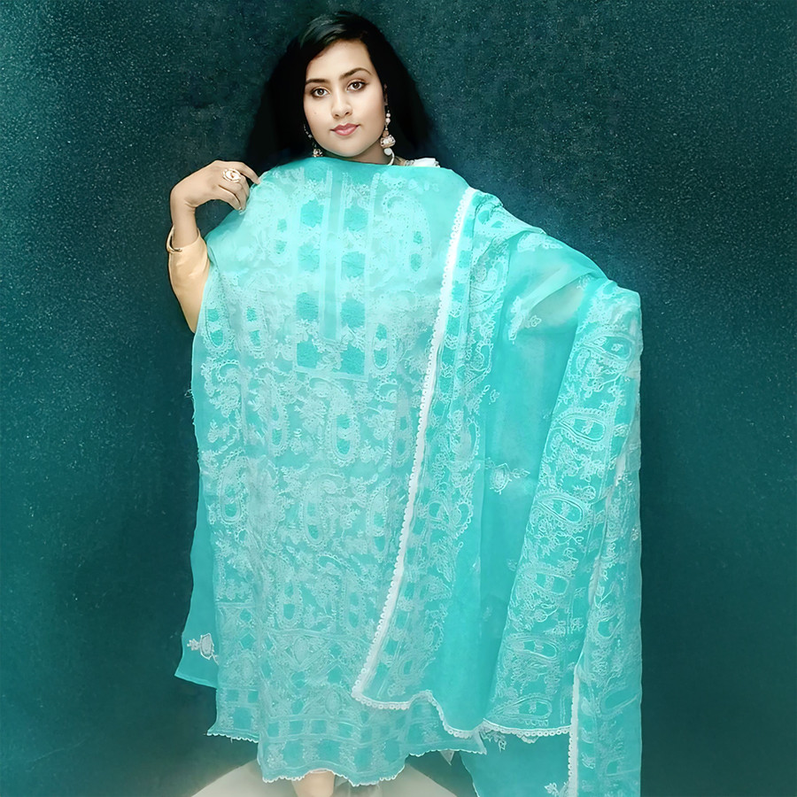 Sea Green Semi-Muslin Dress with White Border & Floral Embroidery